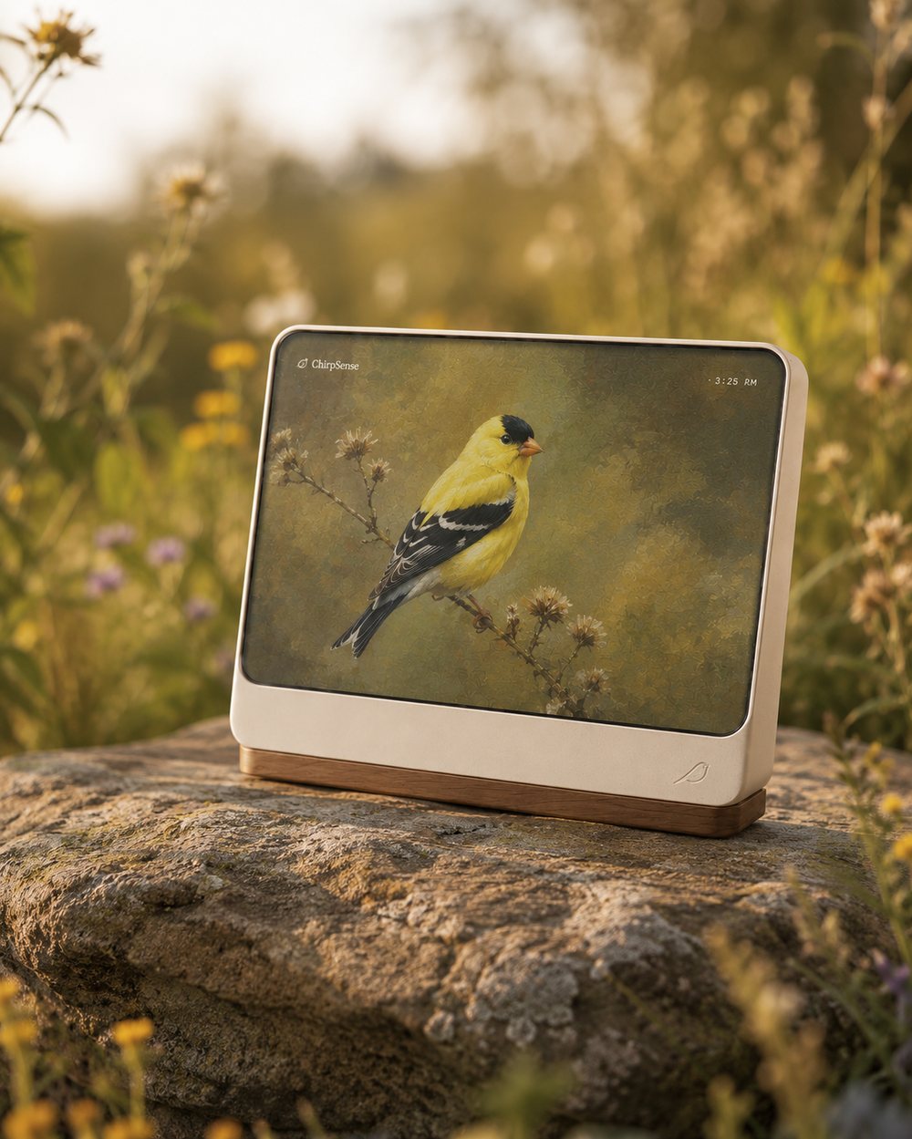 ChirpSense in a meadow at golden hour showing an American goldfinch on its display