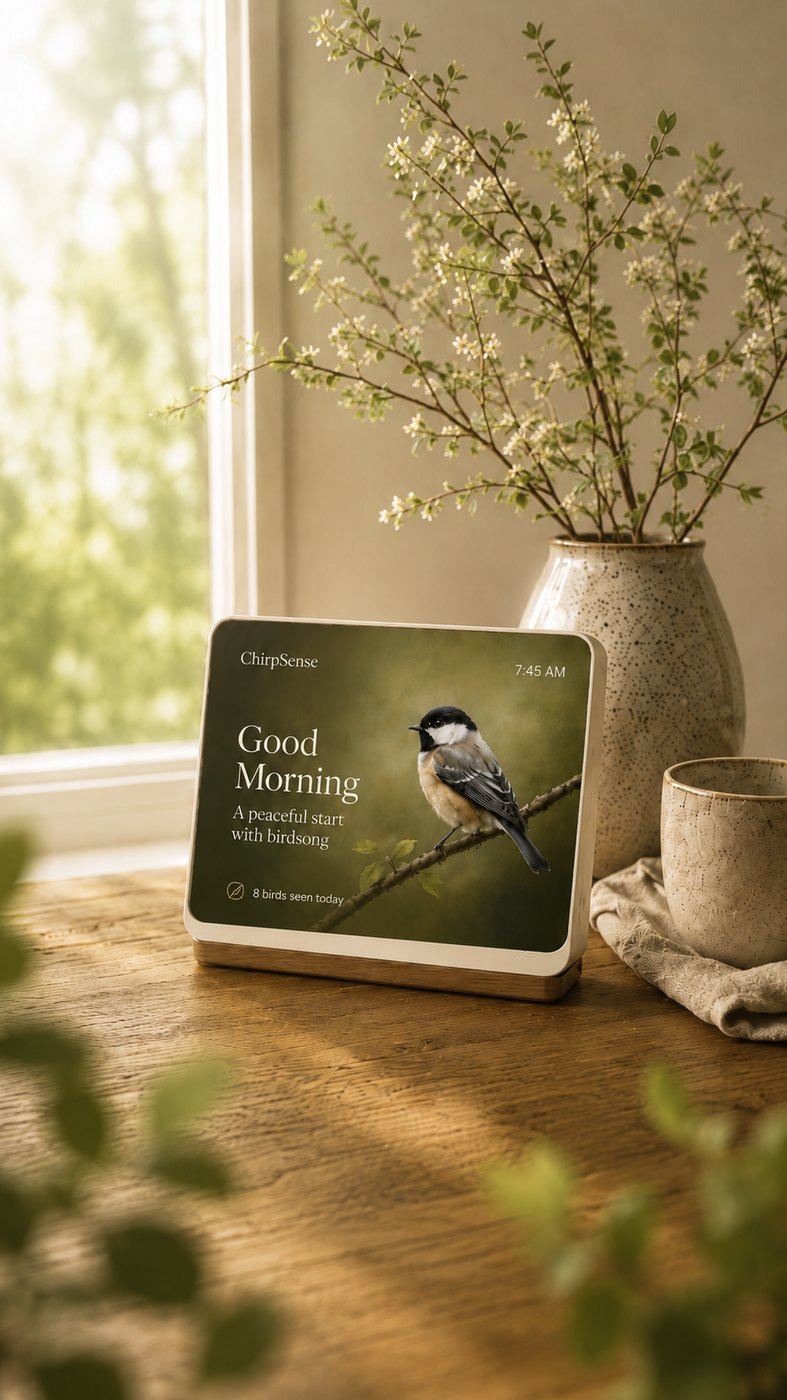 ChirpSense by a sunlit window on a wooden table showing a chickadee at 7:45 AM