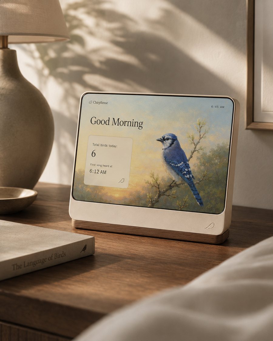 ChirpSense on a bedside table showing a blue jay at sunrise, next to a copy of The Language of Birds