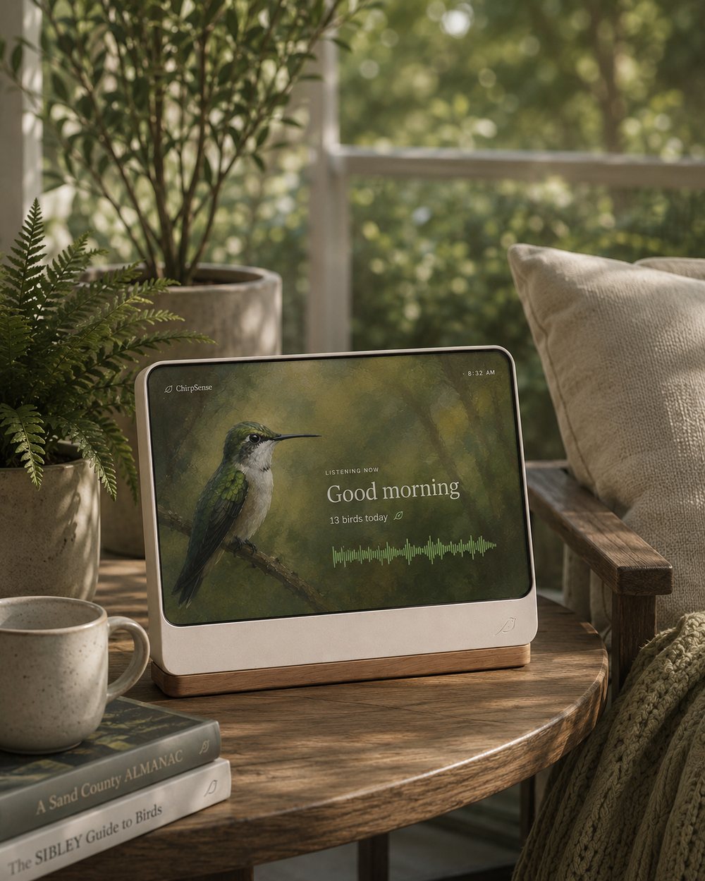 ChirpSense on a porch side table with a hummingbird on the display, beside a coffee mug and field guides