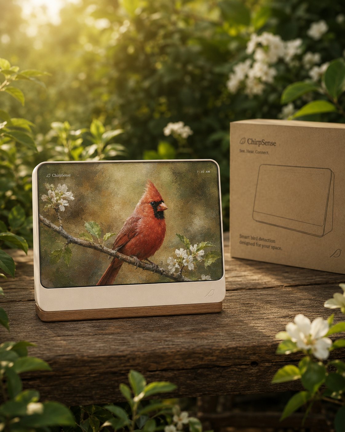 ChirpSense display showing a cardinal next to its kraft cardboard box, in a sunlit garden