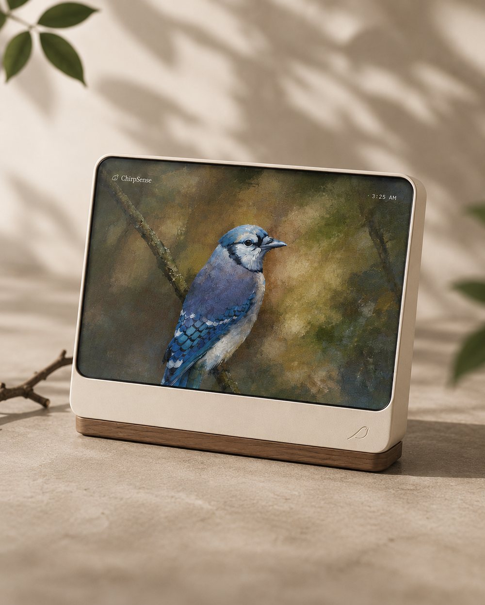 Studio shot of ChirpSense showing a blue jay against a warm beige background with leaf shadows