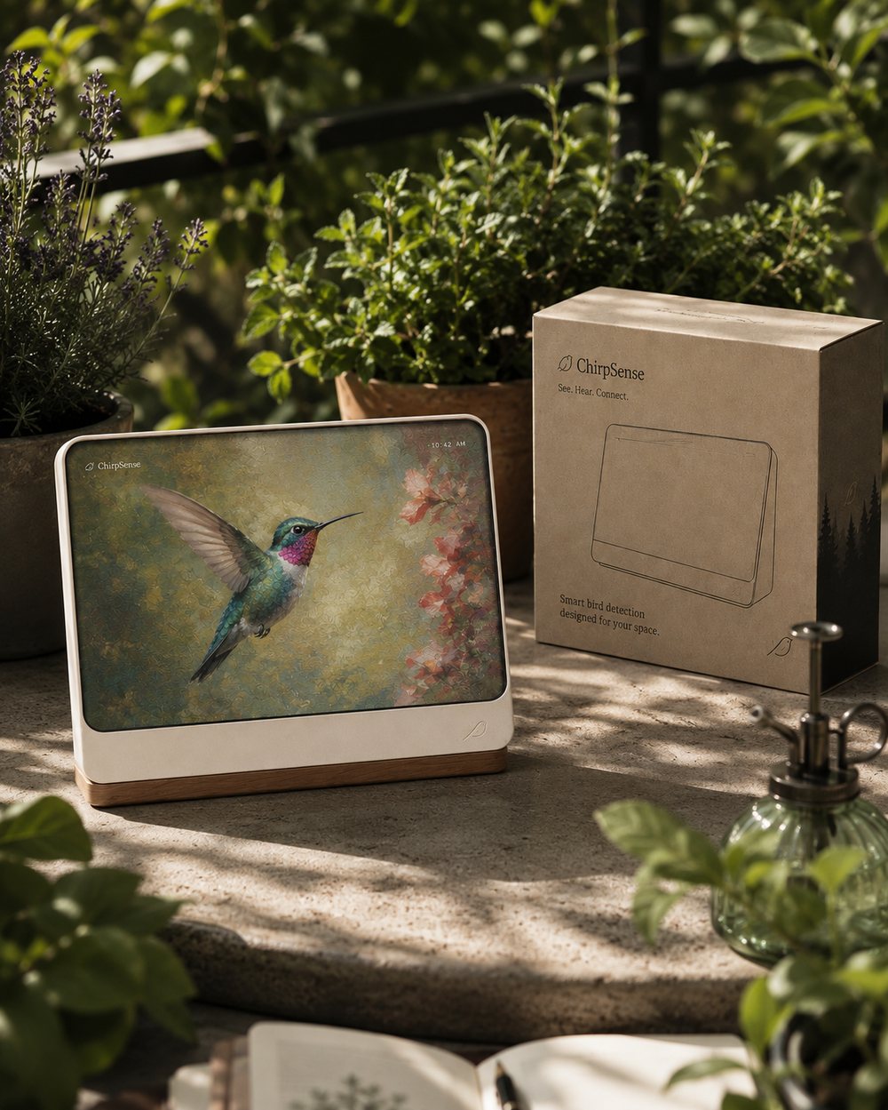 ChirpSense in a garden with its cardboard box, herbs in pots nearby